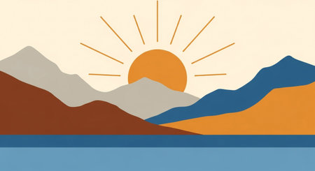 Landscape with mountains, sun and lake. Minimalist style.の素材