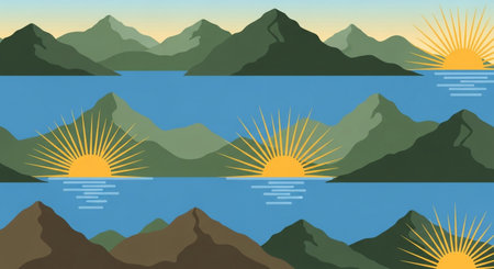 Seamless pattern with mountains, lake and sun. Vector illustrationの素材