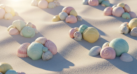 Colorful seashells on the beach. Summer vacation concept.の素材