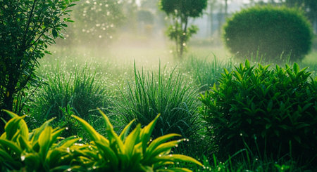 Morning fog in the garden. Morning fog in the garden. Morning fog in the gardenの素材
