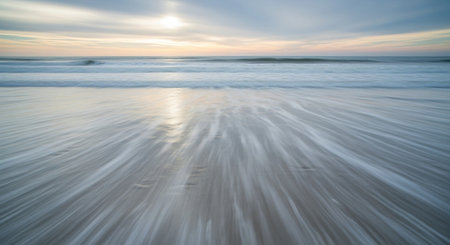 Long exposure of a beautiful beach with motion blur. Long exposure of a beach at sunsetの素材