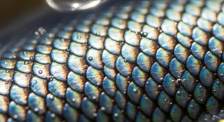 Macro shot of fish scales with water droplets on it.の素材