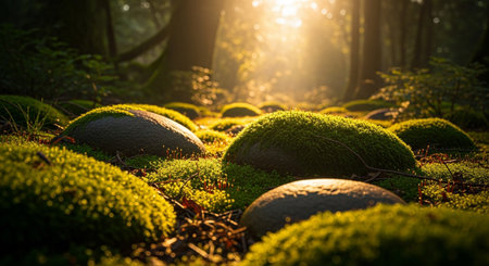 Mossy stones in the forest at sunrise. Beautiful nature backgroundの素材