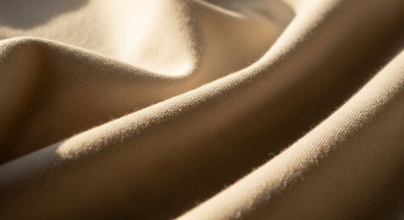 Closeup of beige satin fabric as background, soft focusの素材