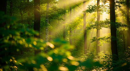 Sunset or sunrise in the green forest with rays of light passing through the treesの素材