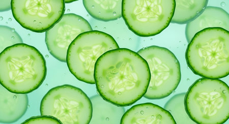 Cucumber slices in water with bubbles. Healthy food concept.の素材