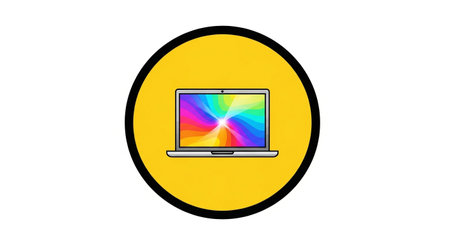 a digital laptop on a yellow circle background, perfect for tech or business themesの素材