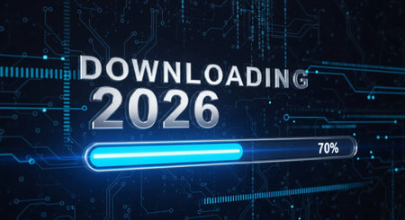 a downloading progress bar for 2026 with a futuristic technology theme and blue huesの素材