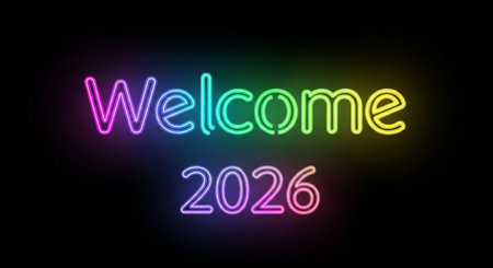 welcome the new year 2026 with bright neon lights on a dark black background image.の素材