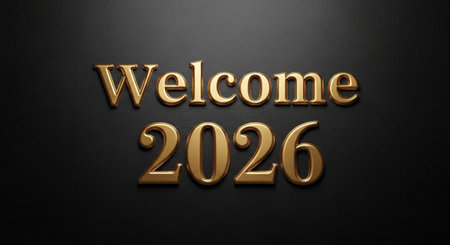 welcome two thousand twenty six in golden text on a dark background rendering image.の素材