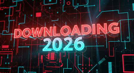 futuristic downloading concept for the year 2026 with neon lights and tech designの素材