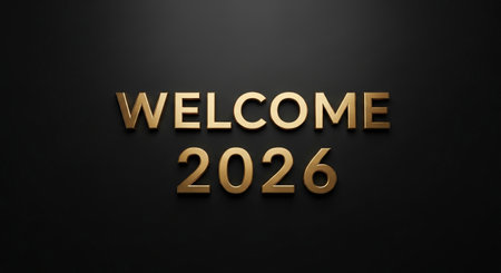 a golden welcome to the year two thousand twenty six on a dark black background eventの素材