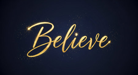 a golden believe text effect on a dark blue background with shining sparkles around itの素材