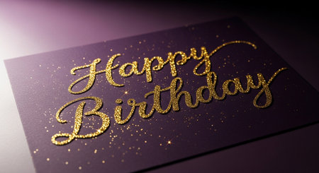 A glittery happy birthday card with gold lettering on a purple background, festive and fun.の素材