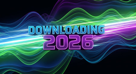 downloading year 2026 with neon waves background in a futuristic graphic design trendの素材