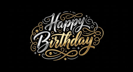 elegant happy birthday design in gold and silver lettering on a black backgroundの素材