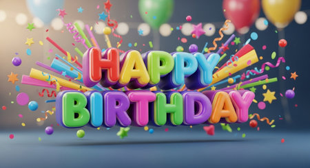 a festive happy birthday image with balloons and confetti for a fun celebrationの素材