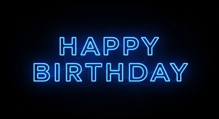 a vibrant happy birthday message glows with neon blue light on a dark backgroundの素材