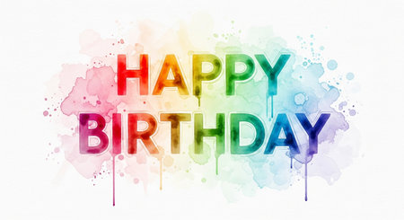 a vibrant happy birthday message with a watercolor splash design for celebrationsの素材