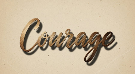 motivational courage quote in wooden text design on a beige textured background.の素材