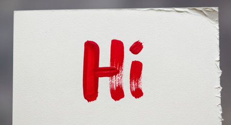 a simple red hi message painted on a white background with a brush stroke effectの素材