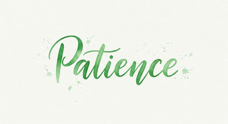 this image shows the word patience written in green watercolor calligraphy style.の素材