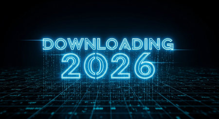 downloading the future in two thousand twenty six with a neon cyber grid backgroundの素材