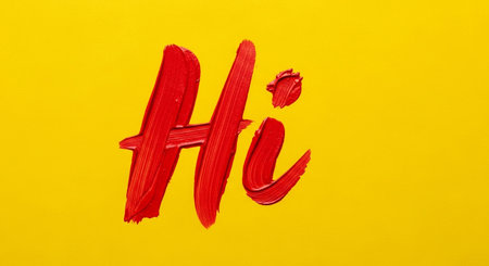 a vibrant red "hi" painted on a bright yellow background. a modern and artistic design.の素材