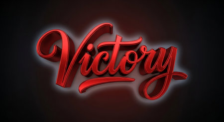 a red victory text illustration on a black background for success and achievementの素材
