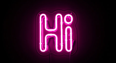 a bright pink neon sign that says 'hi' against a dark background, a vibrant greeting.の素材