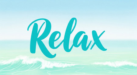 a calming beach scene with ocean waves and the word relax in turquoise color fontの素材