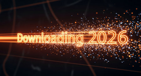 downloading year two thousand twenty six with glowing particles on a dark backgroundの素材