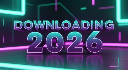 downloading year 2026 with neon effect on futuristic technology background conceptの素材