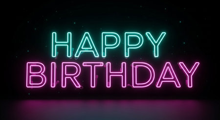 A vibrant happy birthday neon sign glows, perfect for party and celebration imagesの素材