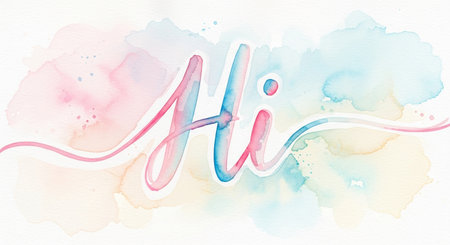 a watercolor painting with the word hi in pastel colors, perfect for a greeting cardの素材