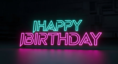 a happy birthday neon sign in pink and blue, perfect for a party celebration designの素材