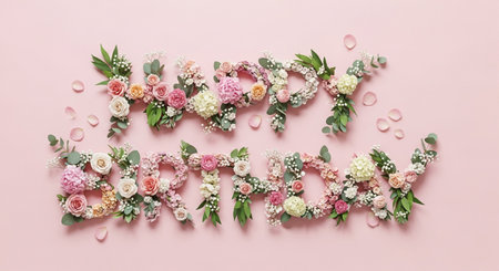 a beautiful floral happy birthday arrangement with roses on a pink background.の素材