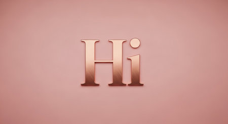 the word hi in rose gold letters on a pastel pink background for greeting cards.の素材