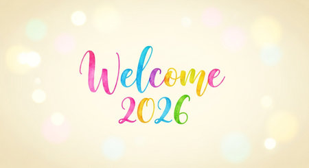 a festive background with welcome 2026 in colorful text and bokeh lights design.の素材