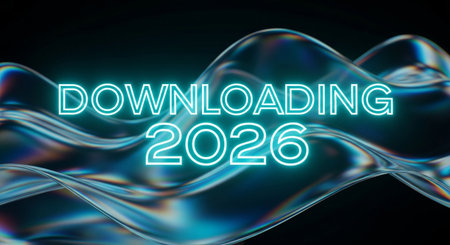 a futuristic concept with downloading 2026 over a flowing abstract background imageの素材