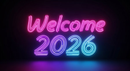 A vibrant neon sign welcomes the new year 2026 with bright colors and a festive glow.の素材