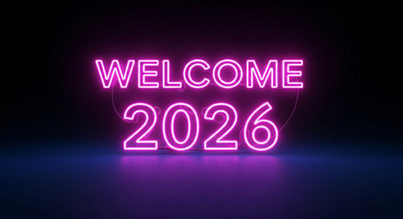celebrate the new year with a glowing neon sign welcoming the arrival of the year 2026の素材