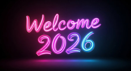 A vibrant neon sign welcomes the new year 2026 with a bright and colorful display.の素材