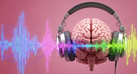 Human brain listening to music with headphones. 3d illustration. Music conceptの素材