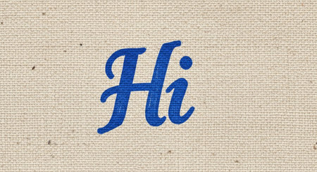 a simple image of the word hi in blue script on a canvas textured background.の素材