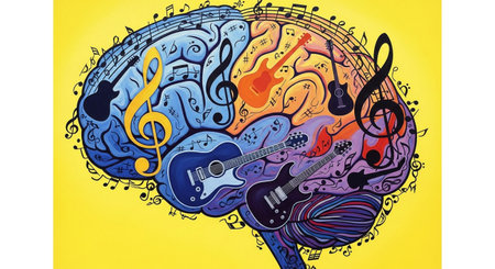 a colorful brain illustration with guitars and musical notes all over the brain artの素材