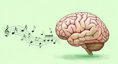 brain with music notes illustrating the connection between music and the mind.の素材