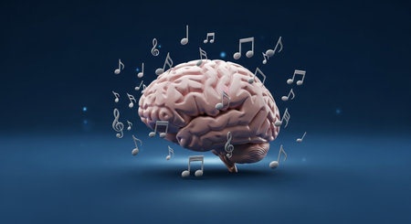 brain surrounded by music notes, representing the connection between music and mindの素材