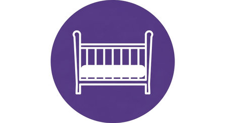 a simple baby crib icon in white outline on a purple circle, perfect for baby needs.の素材