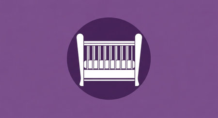 a white baby crib in a purple circle, perfect for a newborn baby's nursery room designの素材